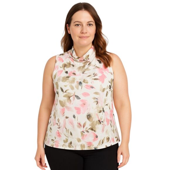 Vince Camuto Tops - NEW Vince Camuto Large Mesh Mock Neck Sleeveless Blouse Pink White Petal Print